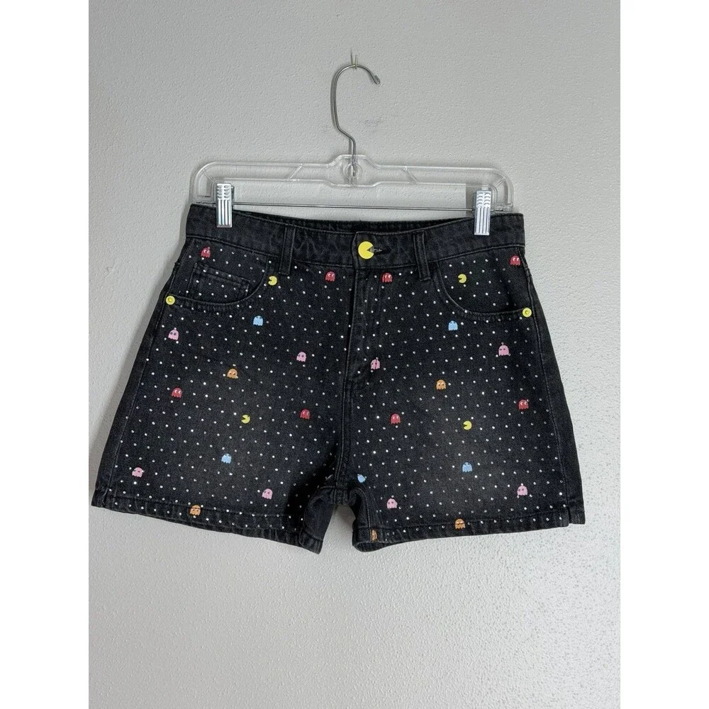 Pac-Man Justice Juniors 9 Black Denim Shorts Rhinestone Y2K Arcade Gamer Retro